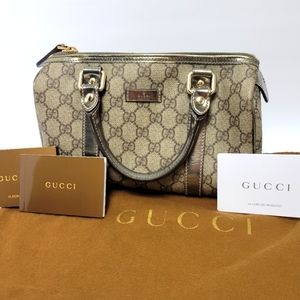 Gucci Boston Joy GG Guccissima Grey-Beige Brown Canvas Satchel Handbag